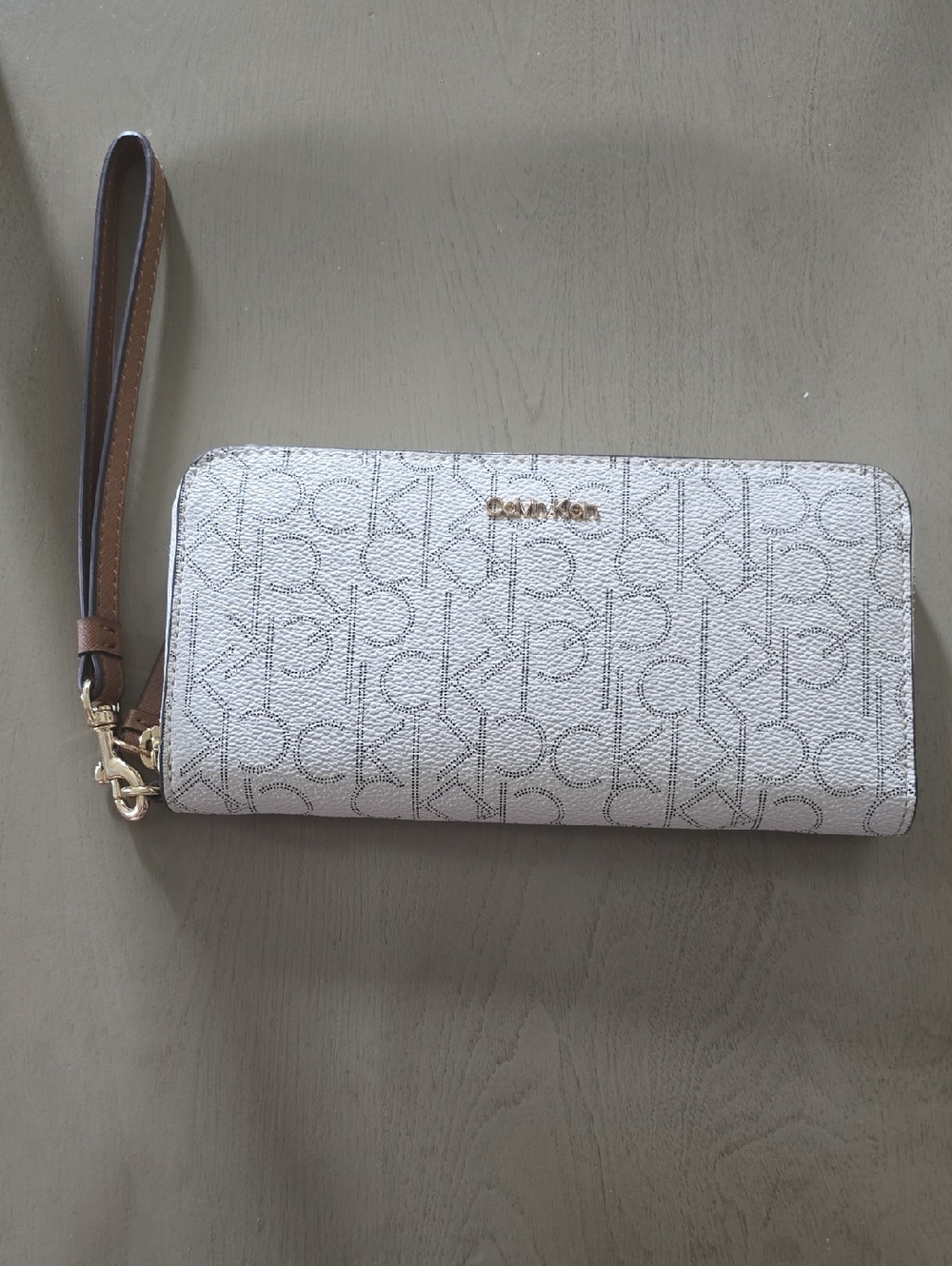 Michael Kors White Logo Zip Wristlet with Brown Strap